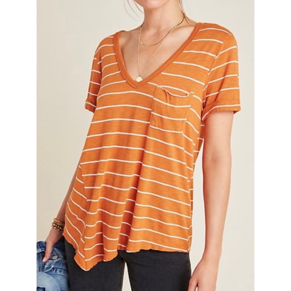 T.La NWT Striped Blouse with Distressed Hem - Orange / White